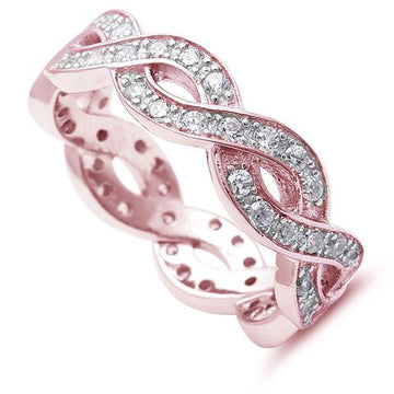 Full Eternity Rings Stackable Band Ring Round Rose Tone, Simulated CZ 925 Sterling Silver